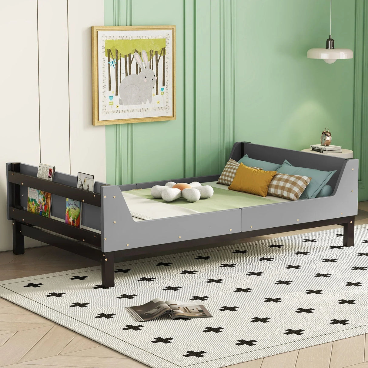 Bed With Headboard, Footboard, Safeguards, Built-In Bed-End Book Storage Rack - Furniture Home Direct