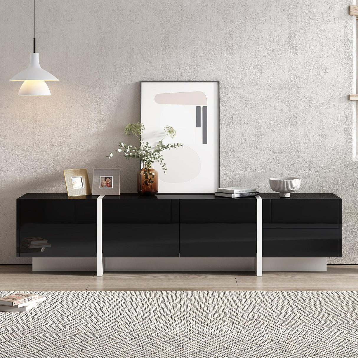 TV Stand High Gloss Console 74 Inch Length Modern Black - Furniture Home Direct