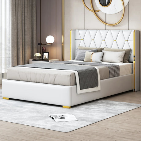 Full Size Upholstered Platform Bed Metal Strips Off White - Furniture Home Direct