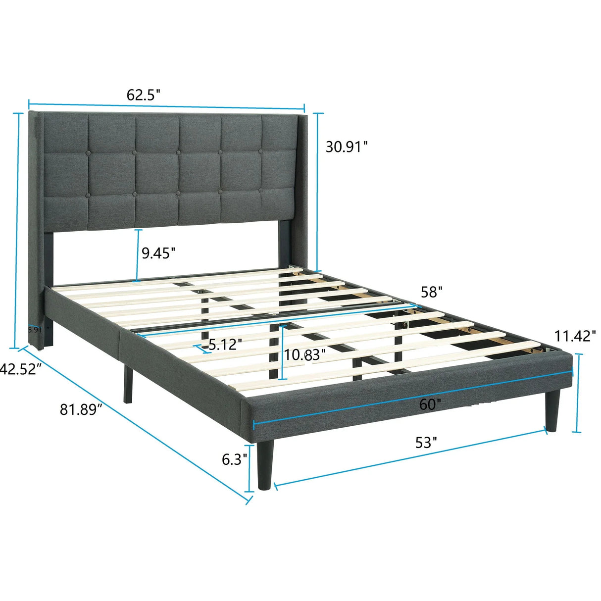 Queen Size Upholstered Platform Bed Frame With Button Tufted Linen Fabric Headboard - Dark Gray - Furniture Home Direct