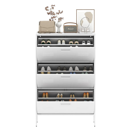 Modern Shoe Storage Cabinet With 3 Flip Drawers And Metal Frame For Entryway - Brushed Nickel - Furniture Home Direct