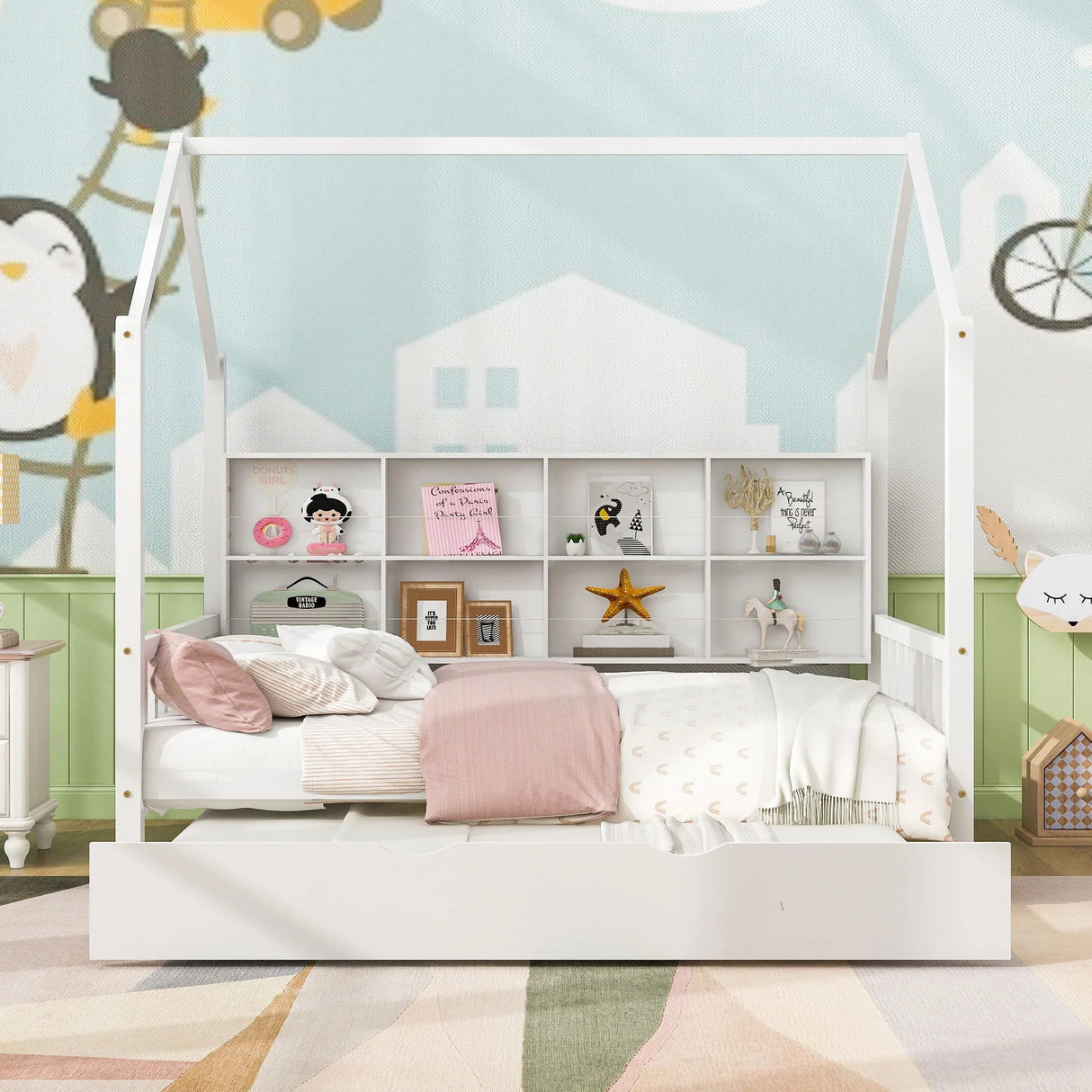 House Bed With Trundle, Kids Bed With Shelf - Furniture Home Direct