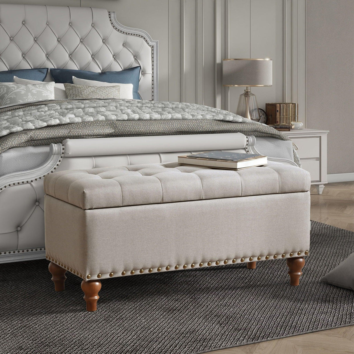 Upholstered Ottoman With Storage And Rivet Trim - Furniture Home Direct