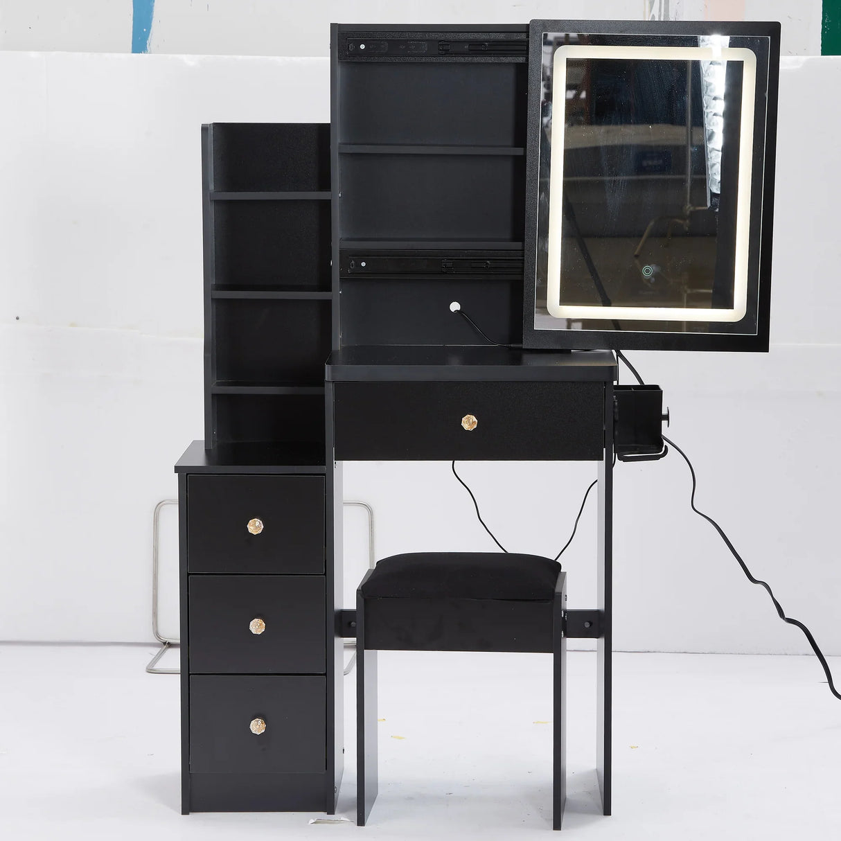 Vanity Desk With Cushioned Stool Lighted Mirror Black - Furniture Home Direct