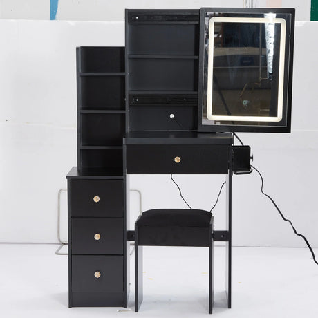 Vanity Desk With Cushioned Stool Lighted Mirror Black - Furniture Home Direct
