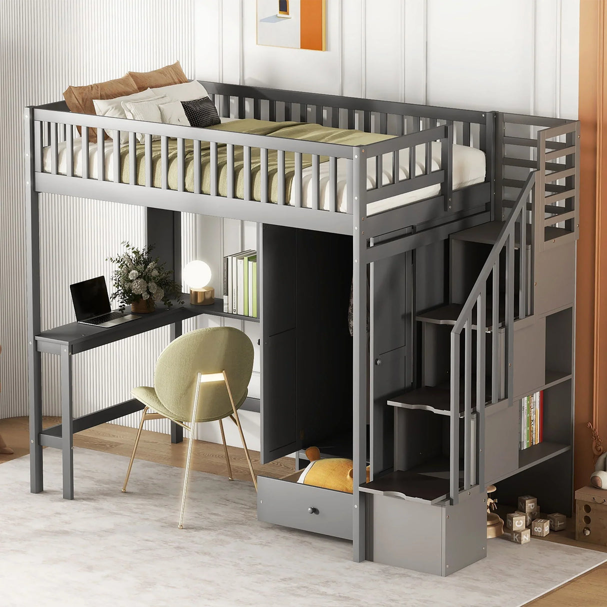 Loft Bed With Bookshelf, Drawers, Desk, And Wardrobe - Furniture Home Direct