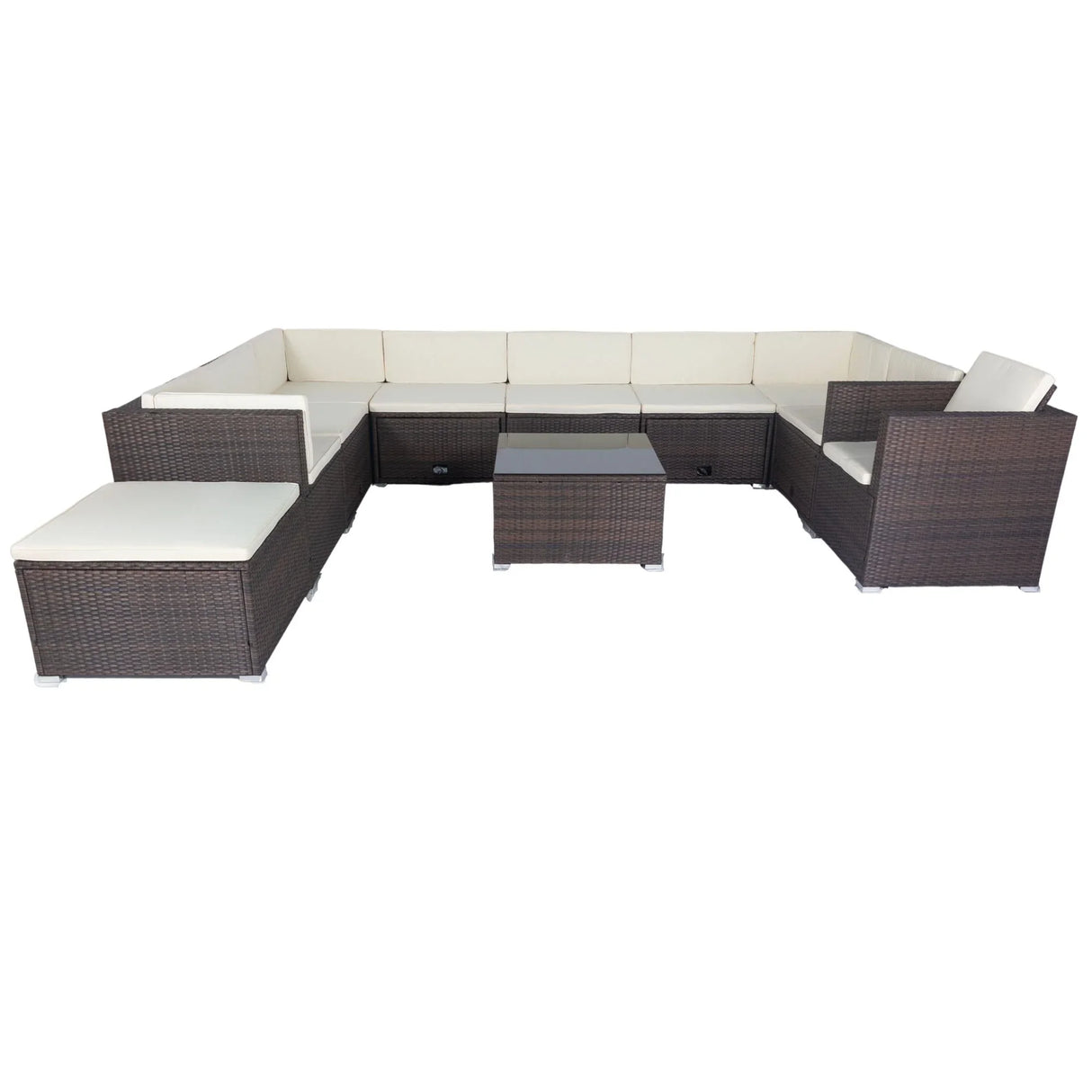 11 Piece Patio Wicker Conversation Set, 10 Seater Patio Sectional Set With 3 Storage Box Under Seat - Brown / White - Furniture Home Direct