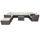 11 Piece Patio Wicker Conversation Set, 10 Seater Patio Sectional Set With 3 Storage Box Under Seat - Brown / White - Furniture Home Direct