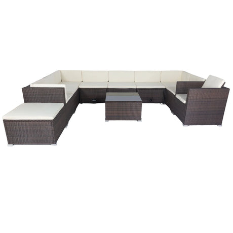 11 Piece Patio Wicker Conversation Set, 10 Seater Patio Sectional Set With 3 Storage Box Under Seat - Brown / White - Furniture Home Direct