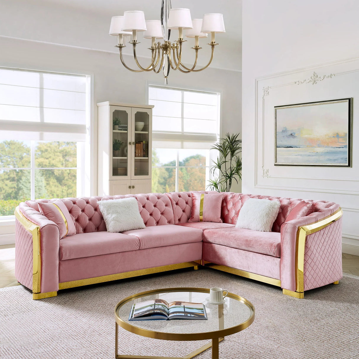 L Shaped Chesterfield Sectional Sofa With Stainless Steel Accents - Furniture Home Direct