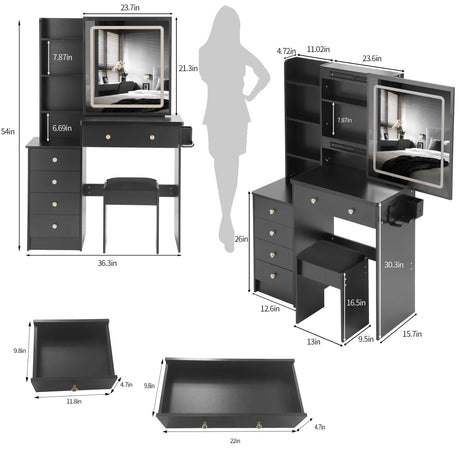 Vanity Table with Cushioned Stool Modern Finish Black - Furniture Home Direct