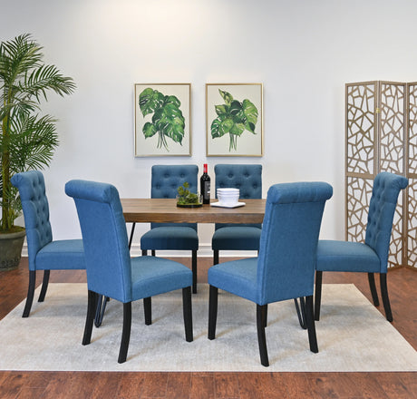 Dining Set Wood Table With Tufted Chairs Seating Six Blue - Furniture Home Direct