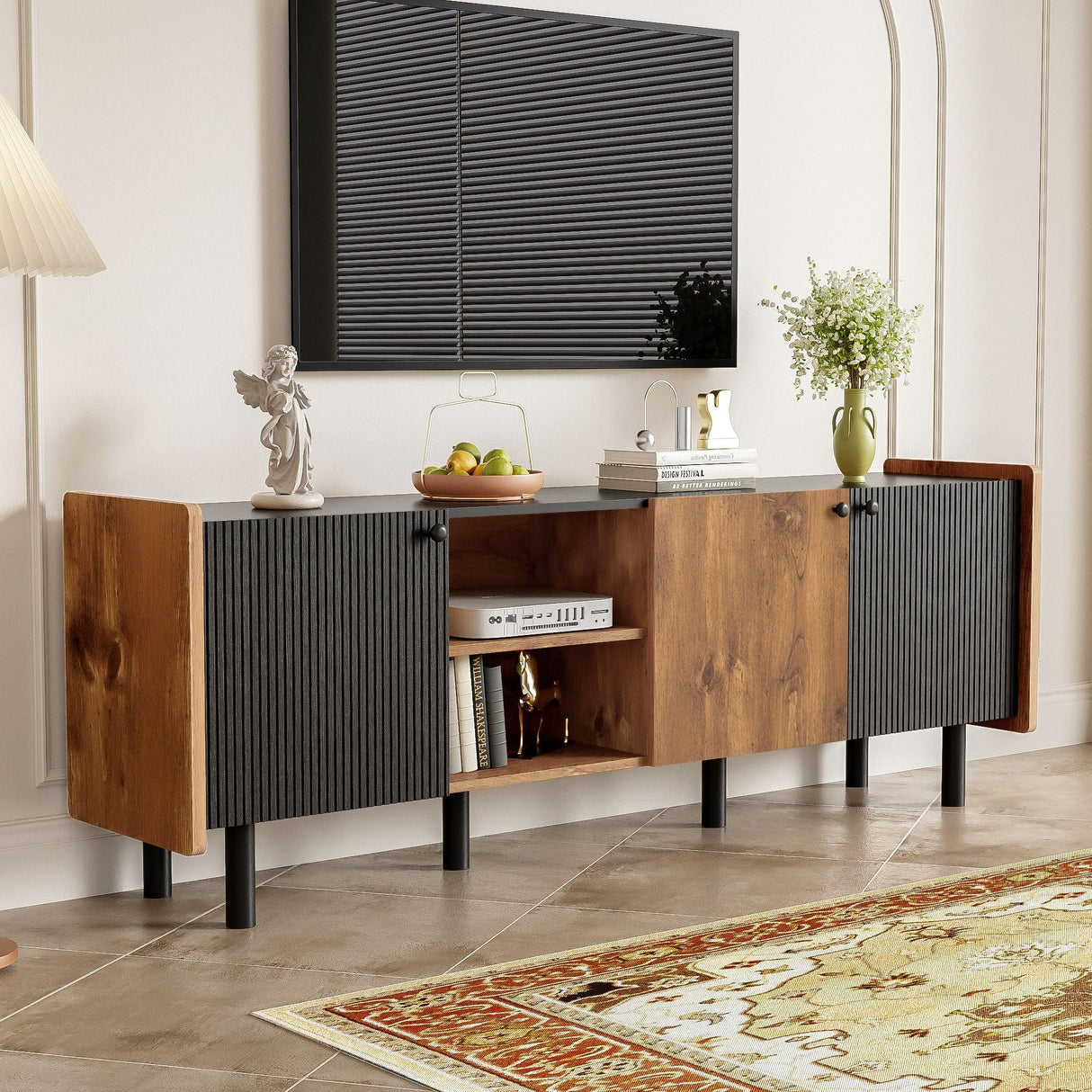 Mid Century TV Stand With 3 Cabinets, Media Console Table For Tvs Up To 70'', Entertainment Center With Storage For Living Room - Black / Brown - Furniture Home Direct
