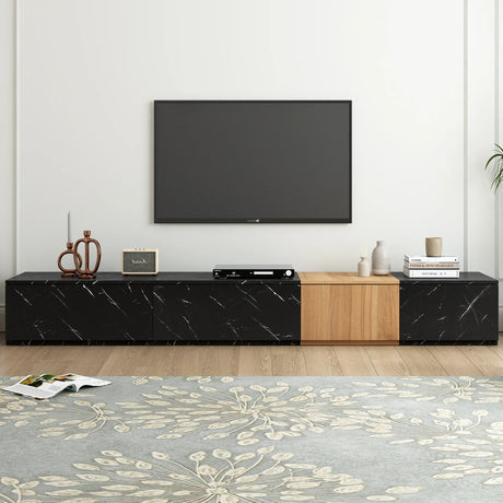TV Stand With Faux Marble Walnut Finish Low Profile Black - Furniture Home Direct