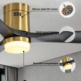 Flush Mount Ceiling Fan With 3 Solid Wood Blades Remote Control Reversible DC Motor For Living Room - Gold - Furniture Home Direct