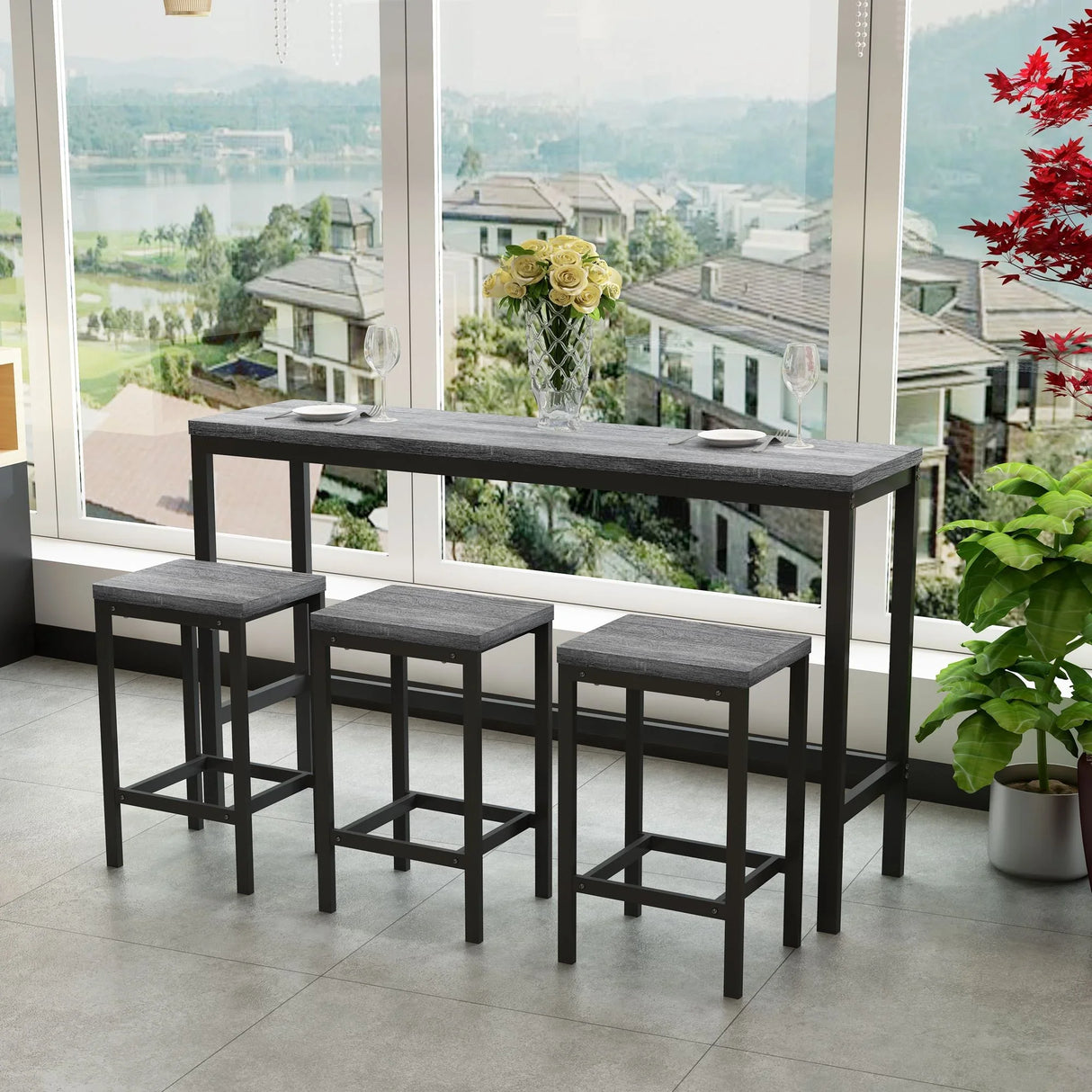 Modern Design Long Dining Table Set With 3 Stools - Furniture Home Direct