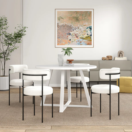 Dining Set Round With Boucle Chairs Modern Compact White - Furniture Home Direct