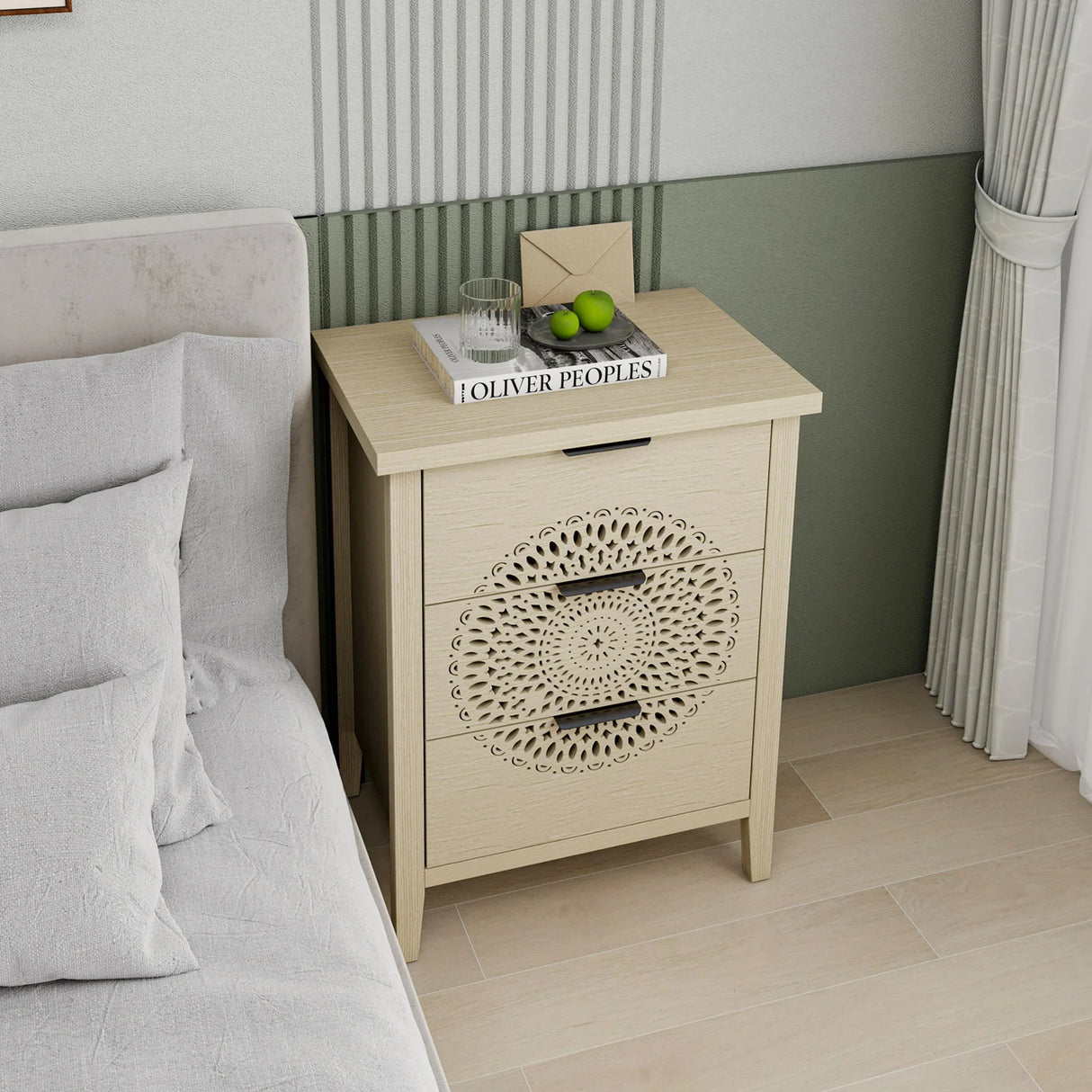 Hollow Carved 3 Drawer Cabinet Dresser Storage Chest With Metal Handles For Living Room Bedroom - Natural - Furniture Home Direct