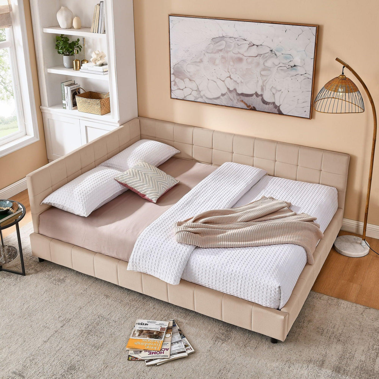 Mid-Century Storage Upholstered Tufted Bed Frame With Backrest And Armrests - Furniture Home Direct