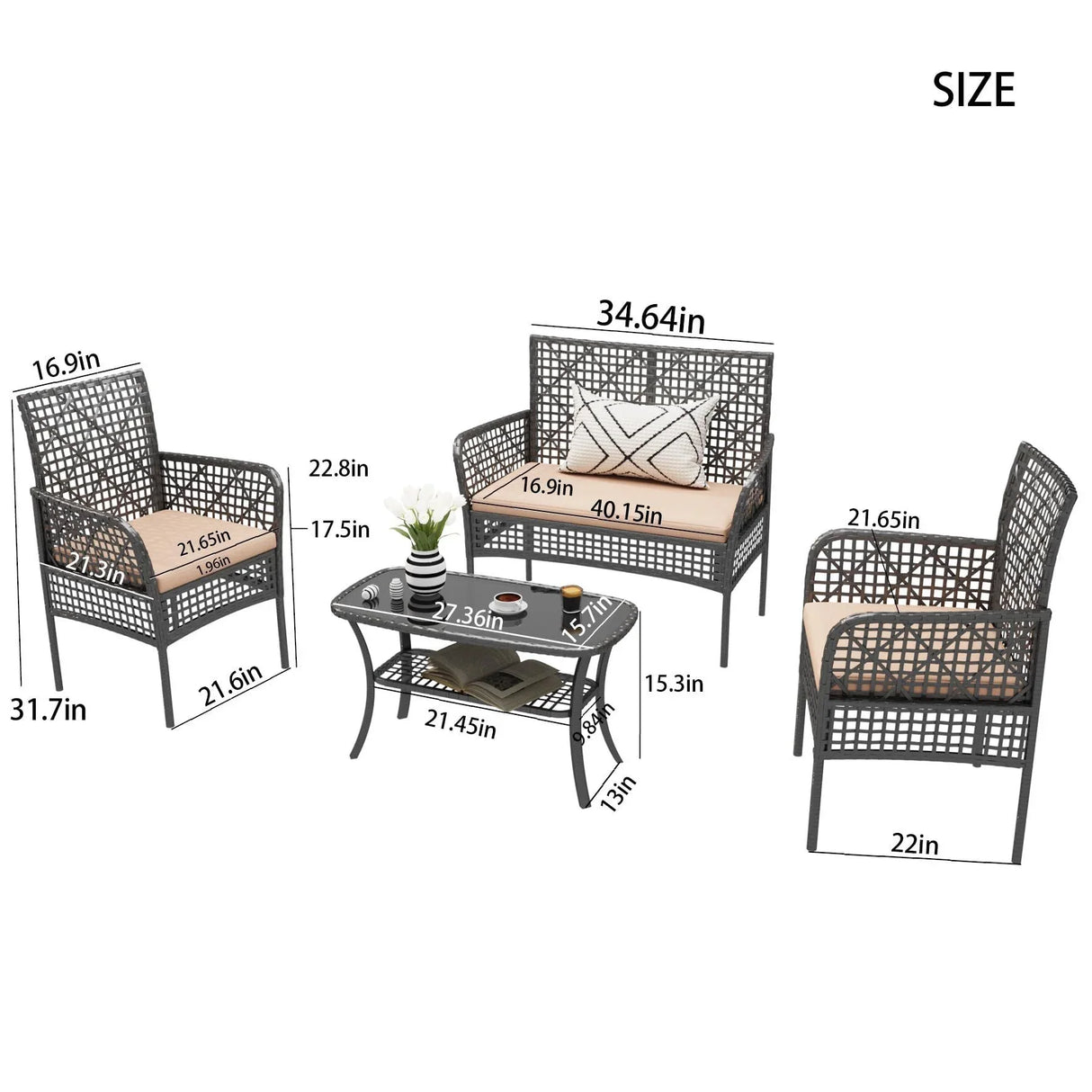 4 Pieces Rattan Wicker Chairs With Tempered Glass Table And Cushions - Furniture Home Direct