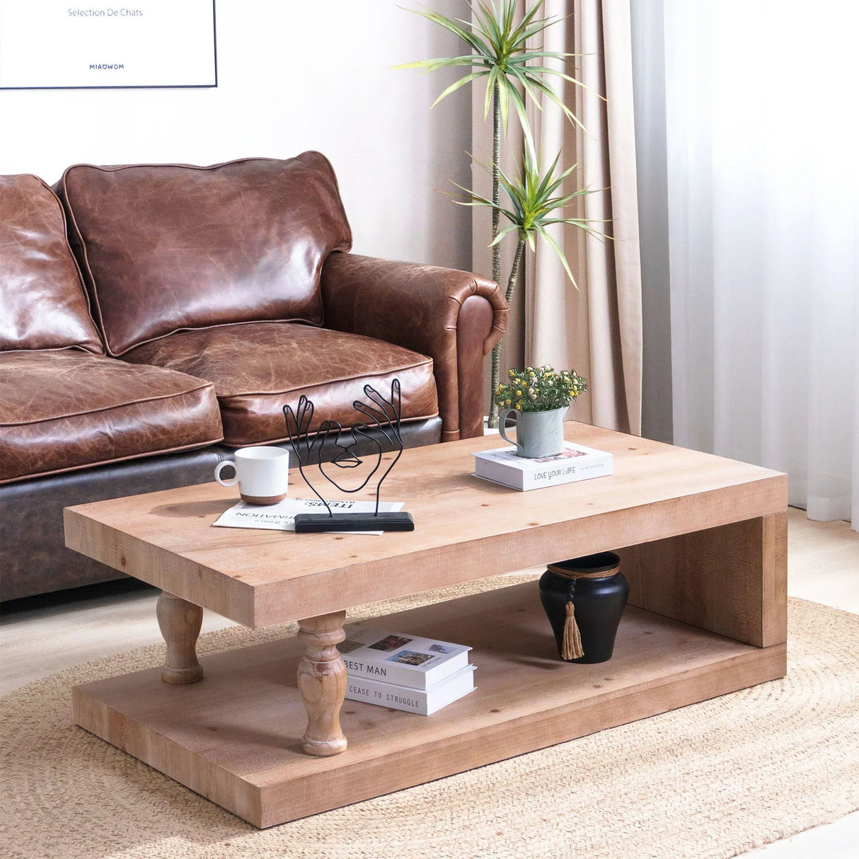 Rustic Solid Wood Coffee Table With Open Shelf, Modern Farmhouse Design - Light Natural / Natural - Furniture Home Direct