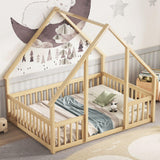 Wood House-Shaped Floor Bed With Fence, Guardrails - Furniture Home Direct