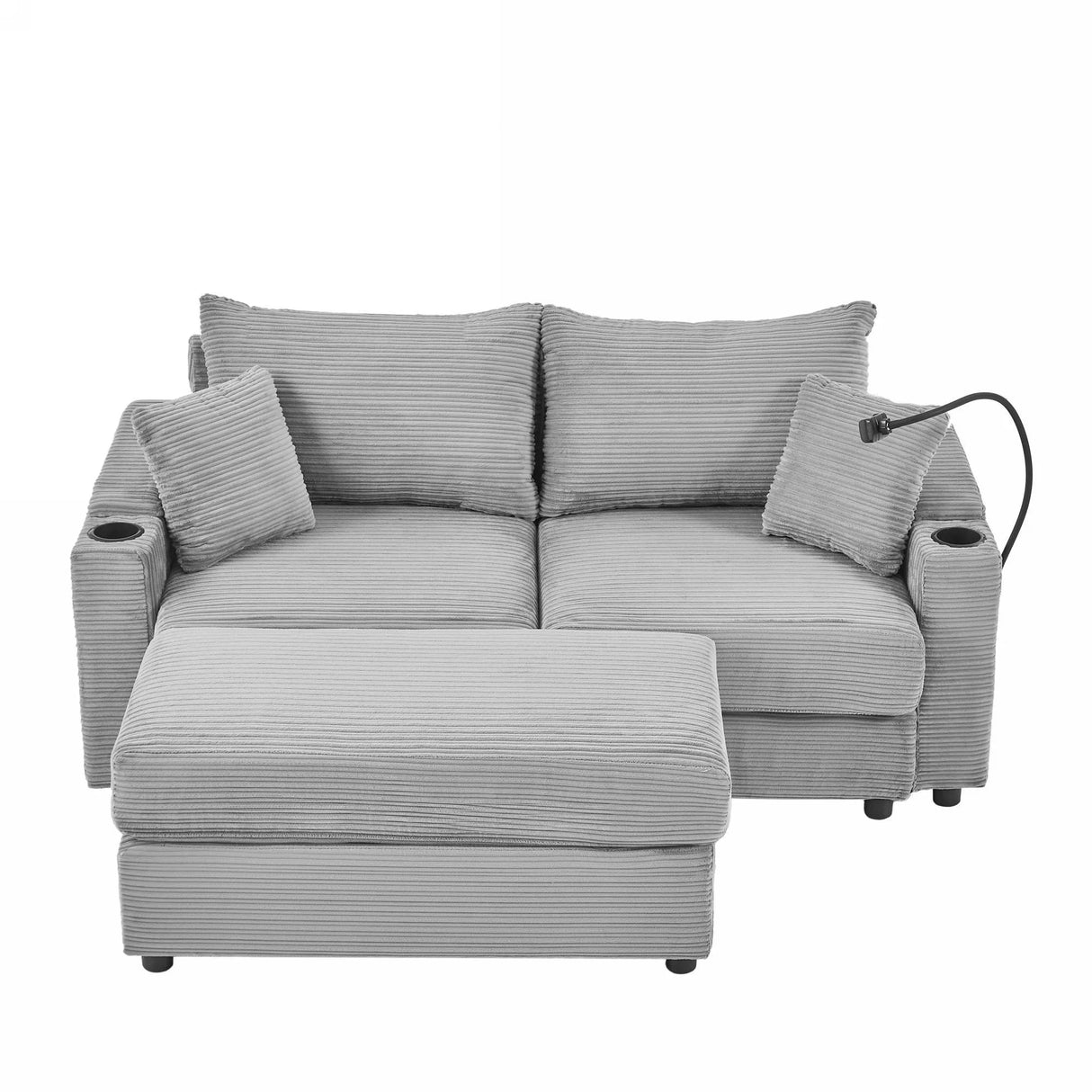 Modern Style Loveseat With Storage, Ottoman, Two USB Ports, Two Cup Holders and Phone Holder - Gray - Furniture Home Direct