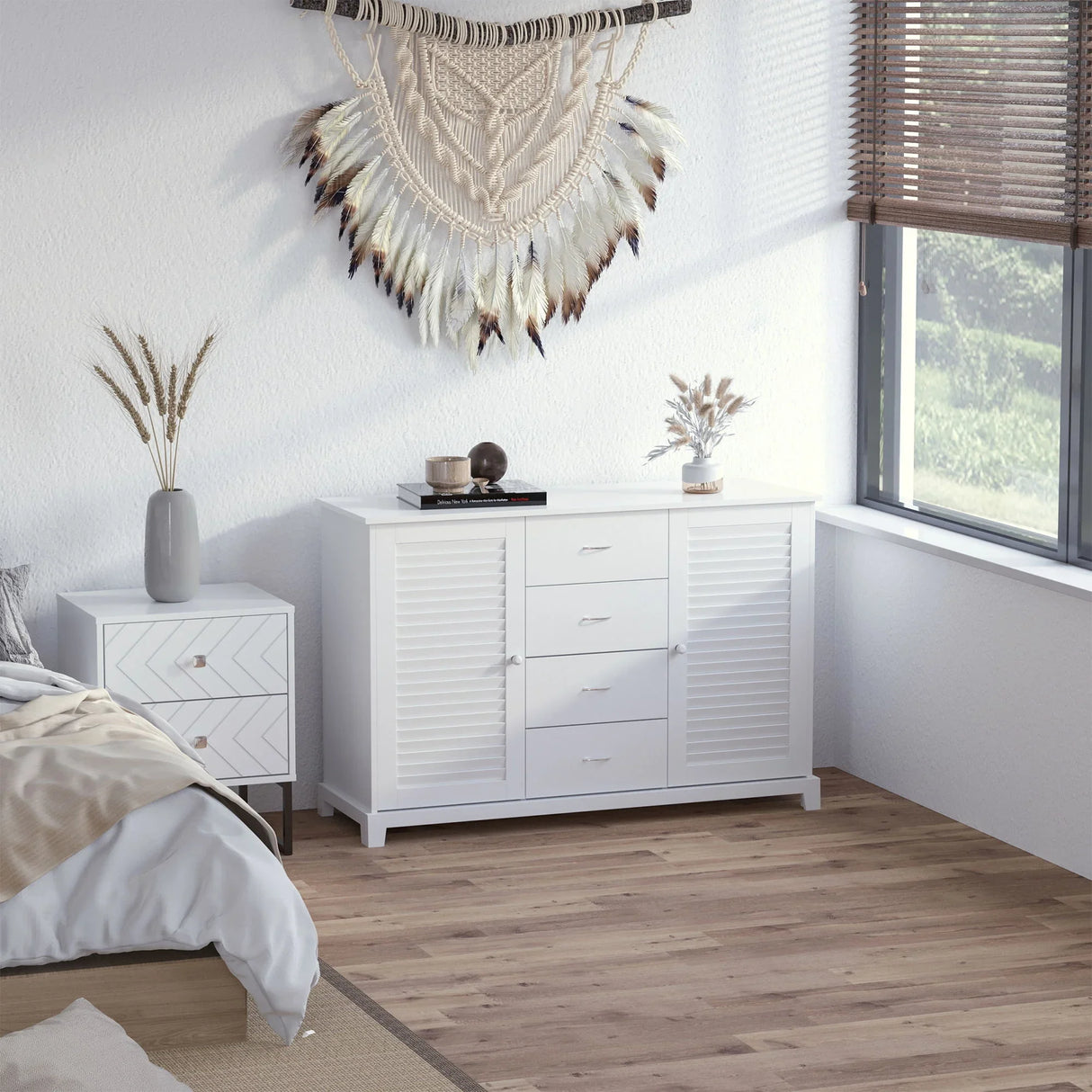 Homcom - Sideboard Buffet Cabinet, Kitchen Cabinet, Coffee Bar Cabinet With 4 Drawers And 2 Louvered Doors For Living Room, Kitchen - White - Furniture Home Direct