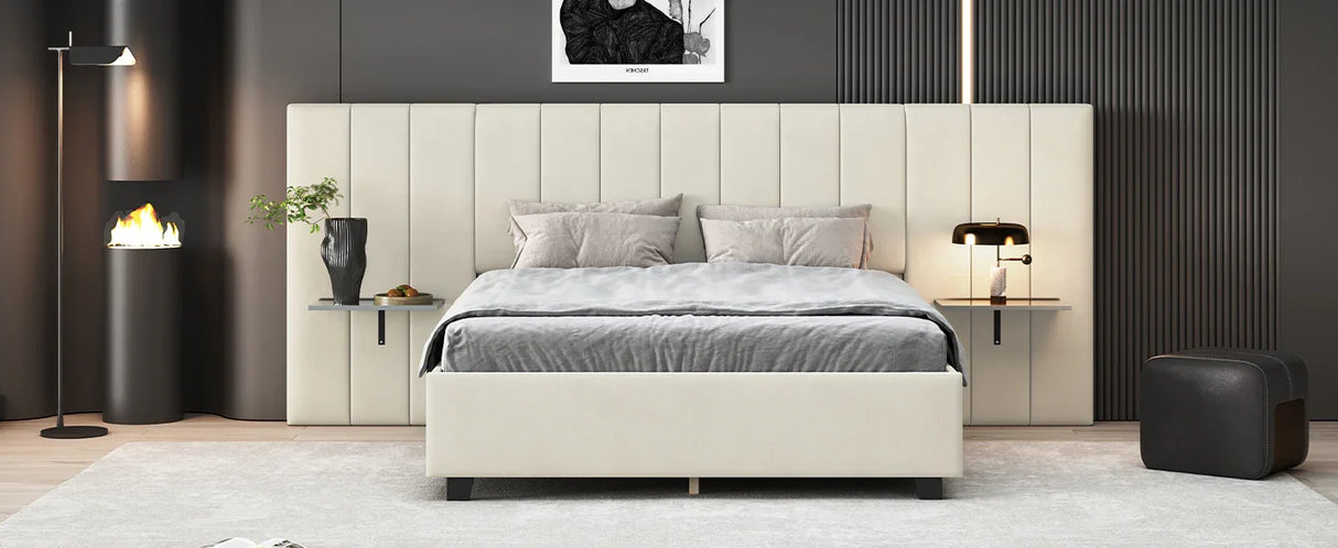 Queen Bed Upholstered Platform Tall Headboard Beige - Furniture Home Direct