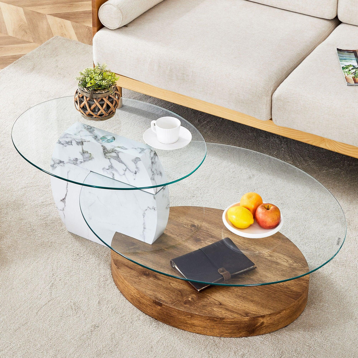 Contemporary Artistic Double Layer Coffee Table,Tempered Glass Top - Furniture Home Direct