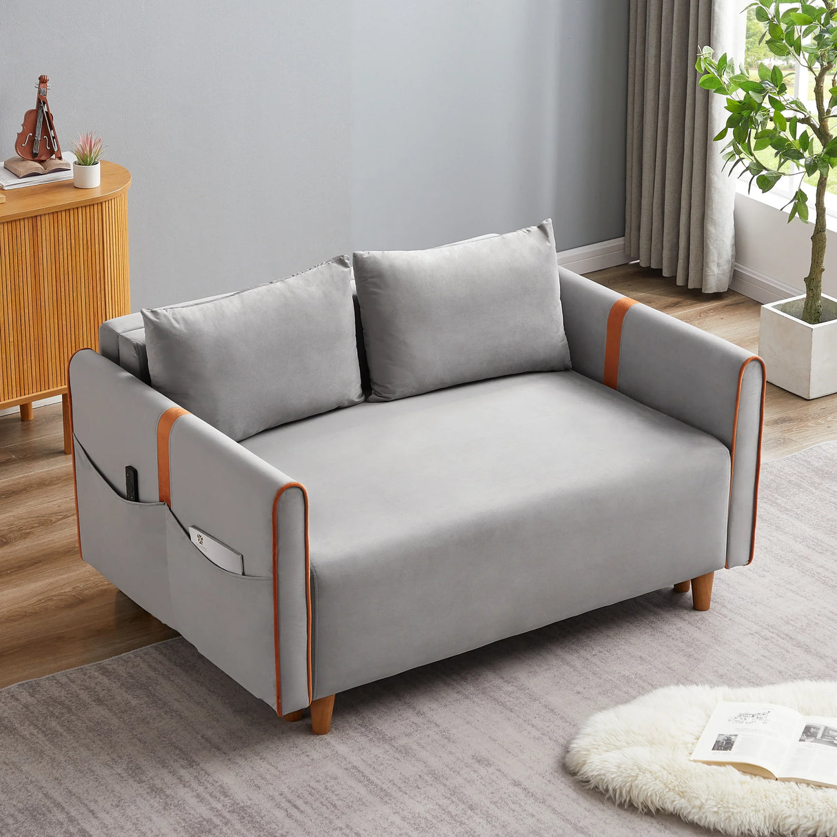 Convertible Comfortable Sleeper Velvet Sofa Couch with Storage for for Living Room Bedroom Sofabed Gray - Furniture Home Direct
