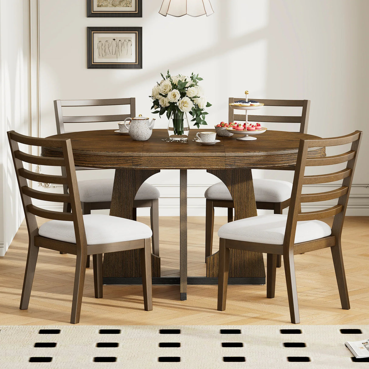 Dining Set Round Table With Four Upholstered Chairs Walnut - Furniture Home Direct