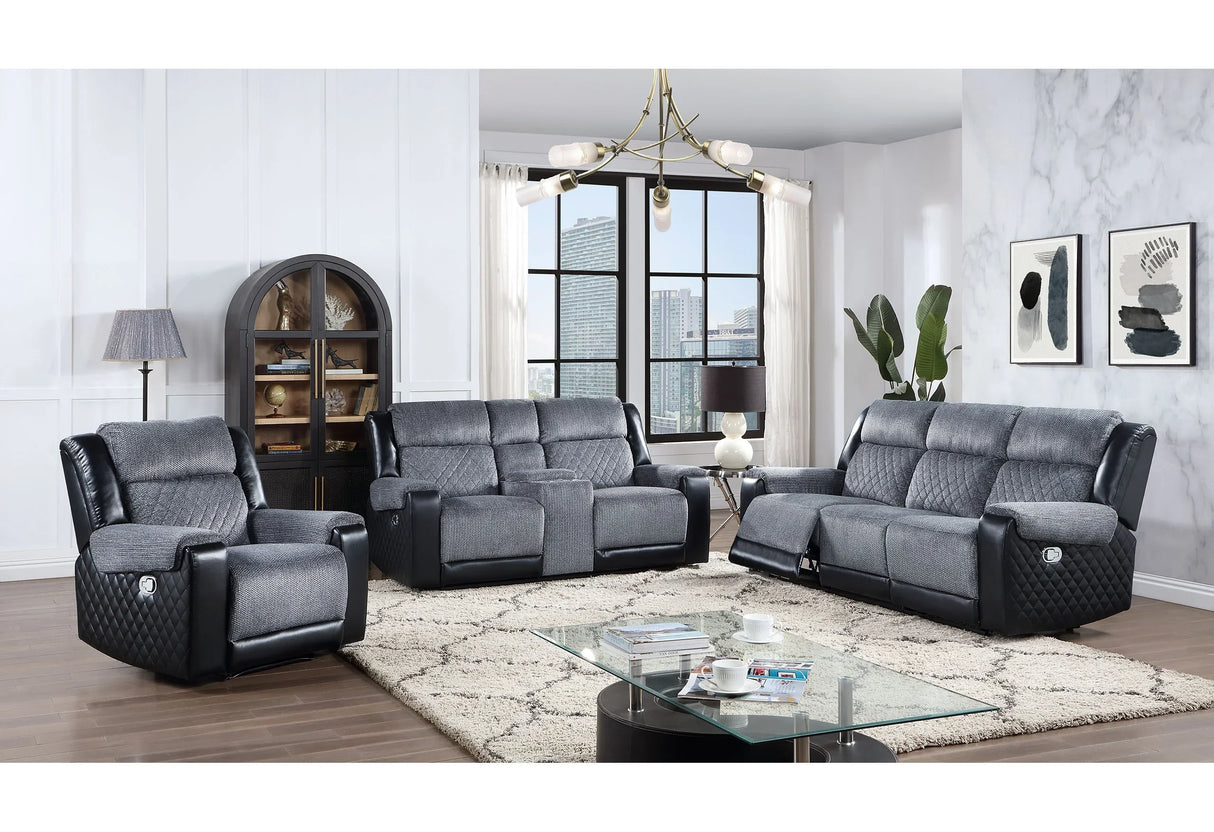 Reclining Living Room Set In Grey Fabric And Quilted Black - Furniture Home Direct