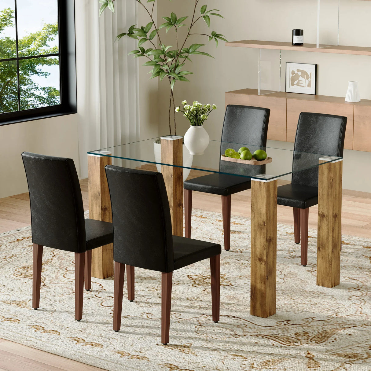 Dining Set Glass Top Table With PU Leather Chairs Black - Furniture Home Direct