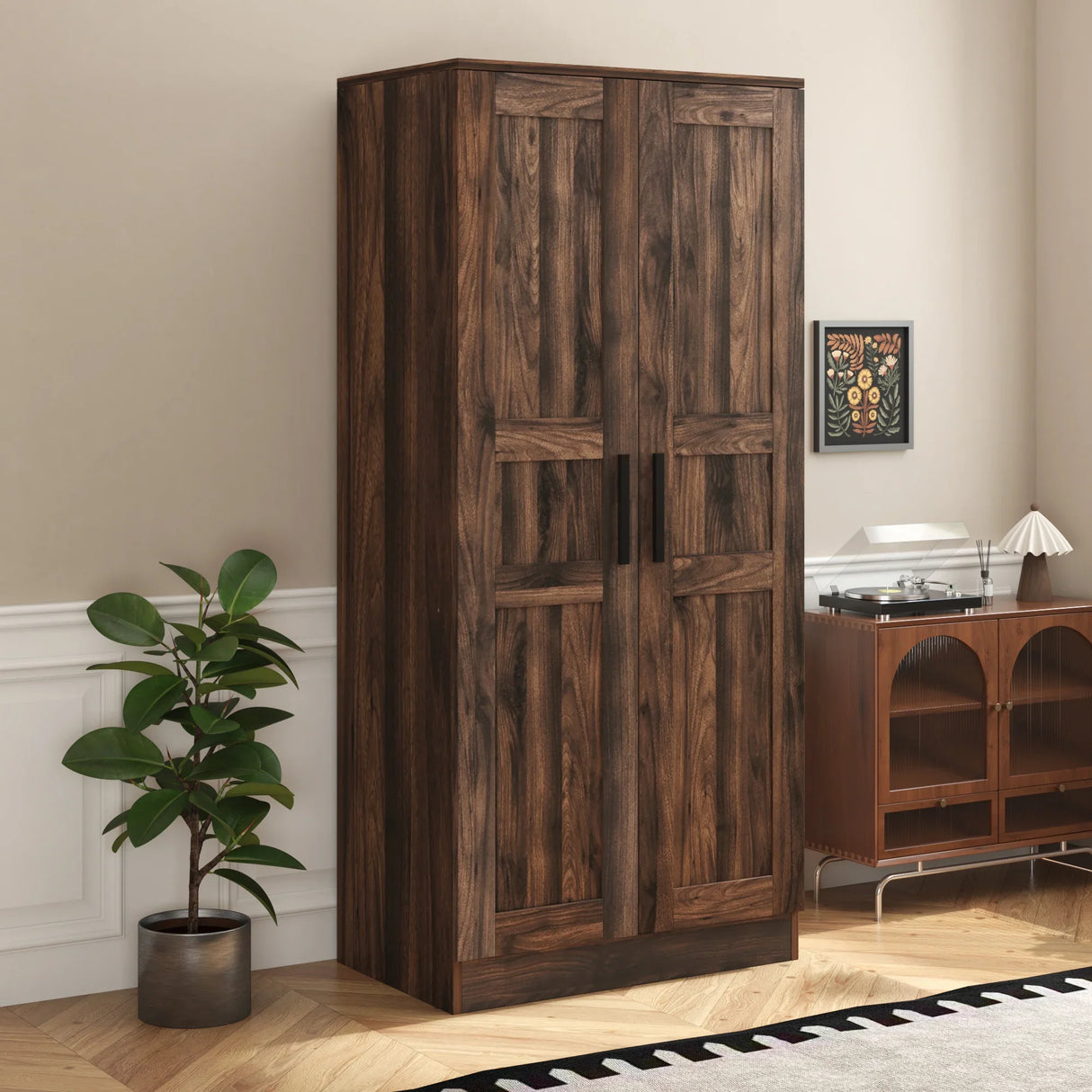2-Door Wardrobe Armoire with LED and 4 Storage Shelves, Brown - Furniture Home Direct