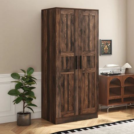 2-Door Wardrobe Armoire with LED and 4 Storage Shelves, Brown - Furniture Home Direct