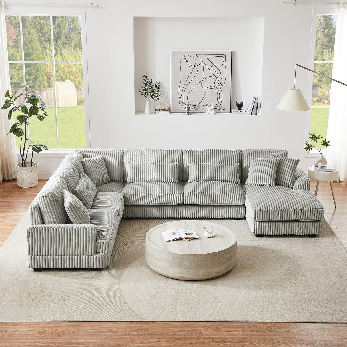 Sectional Sofa Oversized U Shaped Corduroy Fabric Gray - Furniture Home Direct