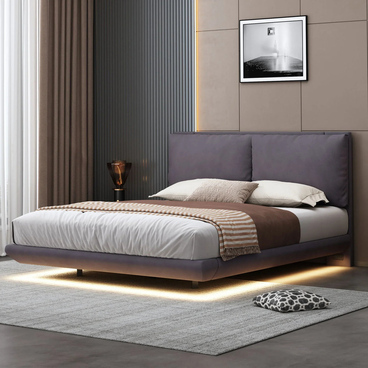 Upholstered Platform Bed With Sensor Light And 2 Large Backrests, With 2 Sets Of USB Port And Socket On Each Rear Bed Leg - Furniture Home Direct