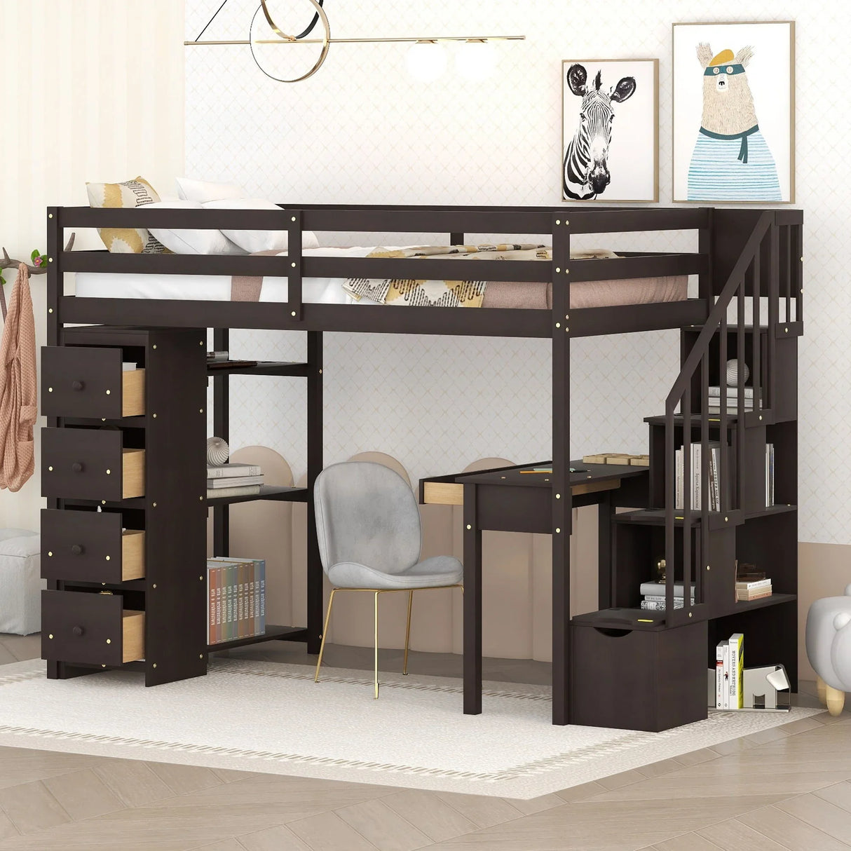 Loft Bed With Storage Drawers, Desk And Stairs With Shelves - Furniture Home Direct