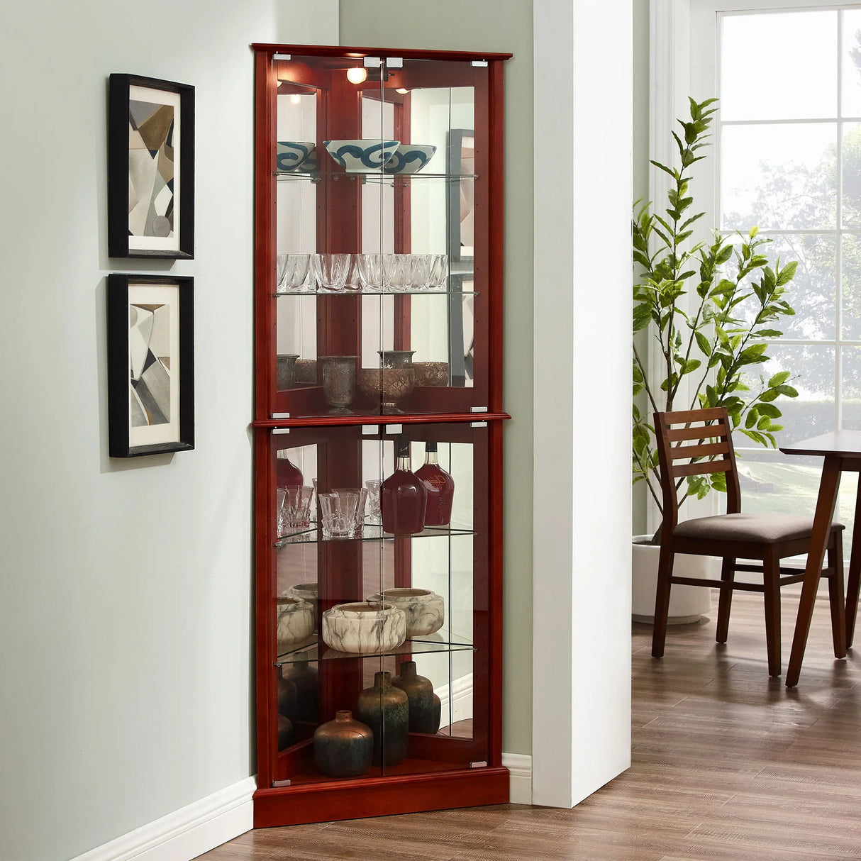 Corner Curio Dispaly Cabinet With Lights, Adjustable Tempered Glass Shelves, Mirrored Back (E26 Light Bulb Not Included) - Furniture Home Direct