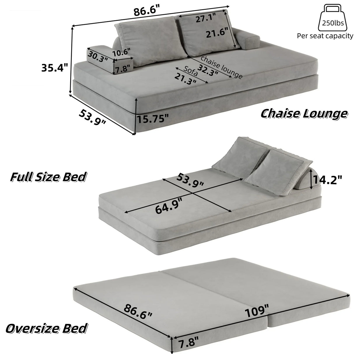 Multifunctional Convertible Sofa Bed With 2 Tumbler Backrests And 2 Pillows, Deep Seat Couch - Furniture Home Direct