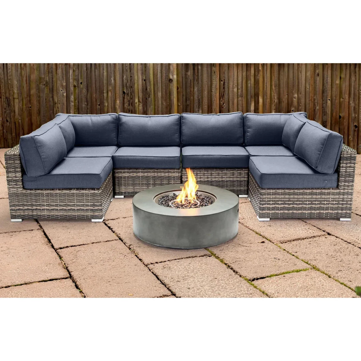 Outdoor 7 Piece Sectional Seating Group With Cushions And Fire Pit - Gray / Navy - Furniture Home Direct