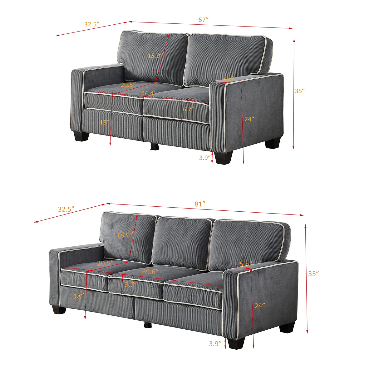 Corduroy Living Room Set Including Sofa and Love Seat - Dark Grey - Furniture Home Direct