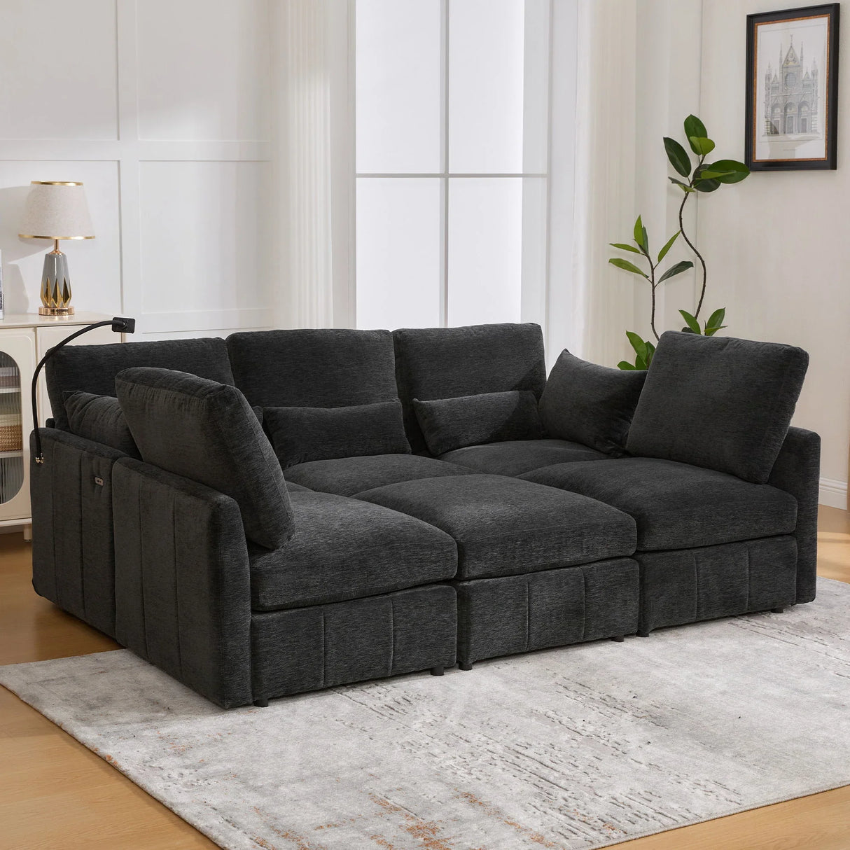 Modern Modular U-Shaped Sofa Bed With Movable Ottoman, USB Ports, Phone Holder - Furniture Home Direct