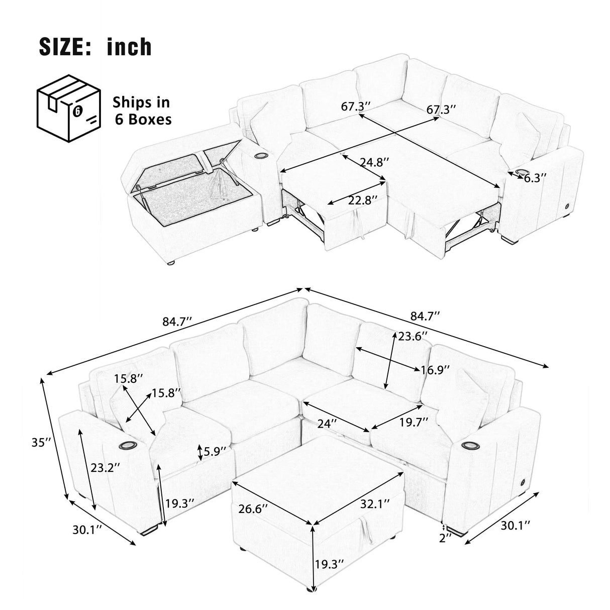 Sectional Sofa Convertible Pull-Out Sofa Bed With A Movable Storage Ottoman For Living Room - Furniture Home Direct