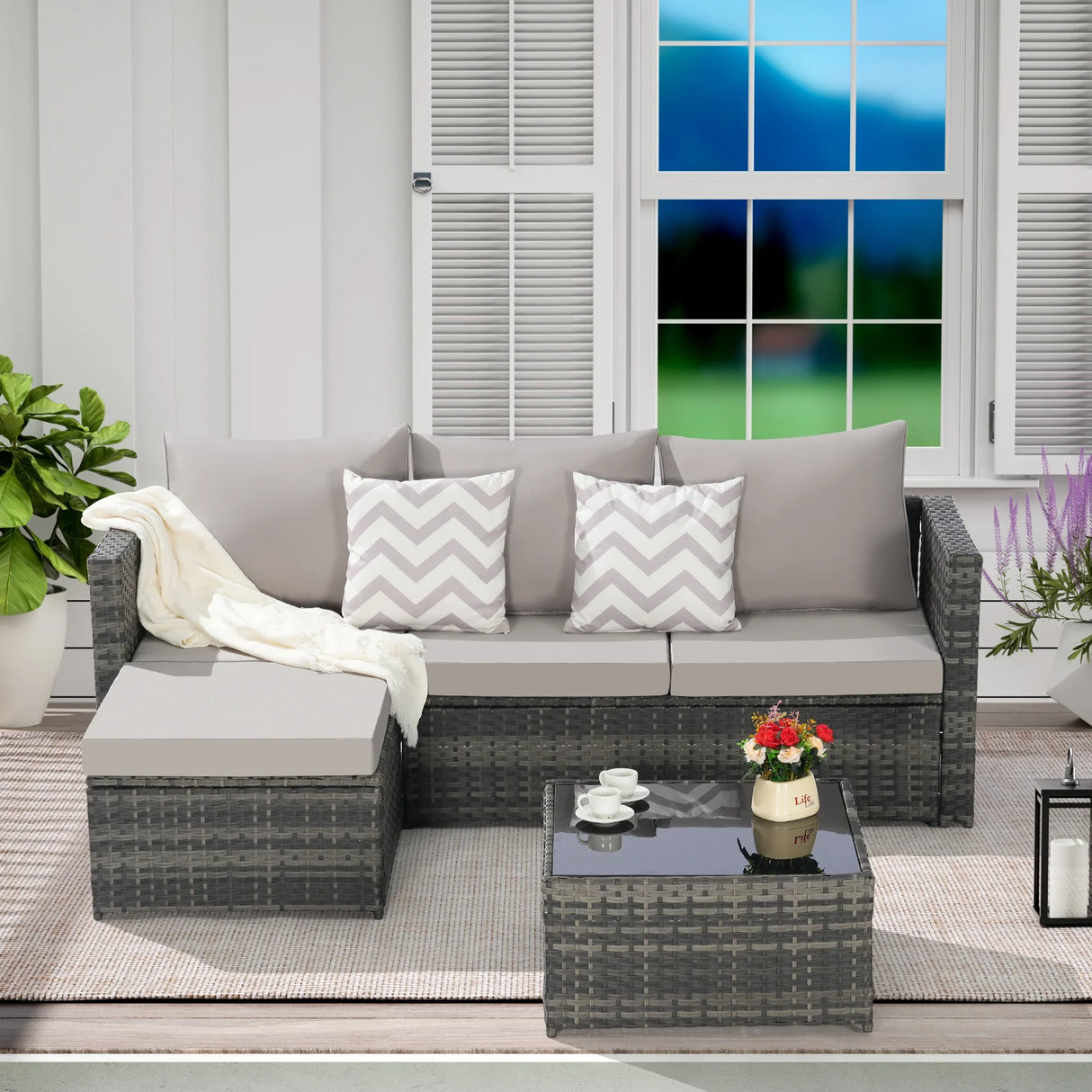 2 Piece Wicker Patio Sectional with Ottoman - Furniture Home Direct