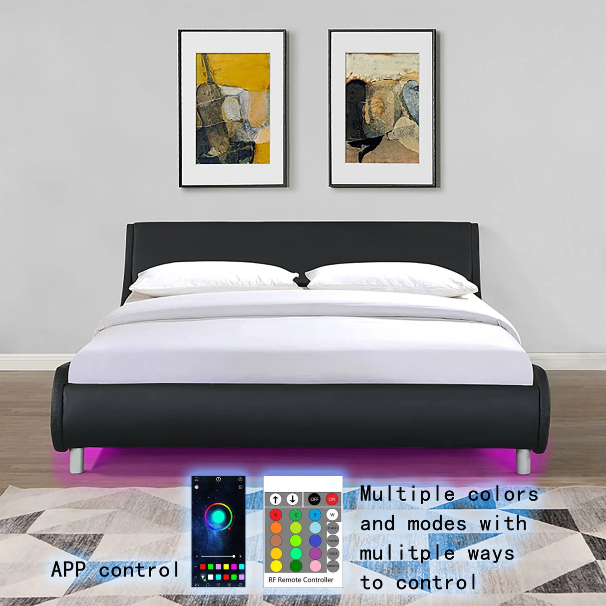 Queen Size Upholstered Platform Bed Frame, LED Lighting With Remote Controller And App, Curve Design, Wood Slat Support, No Box Spring Needed - Black - Furniture Home Direct