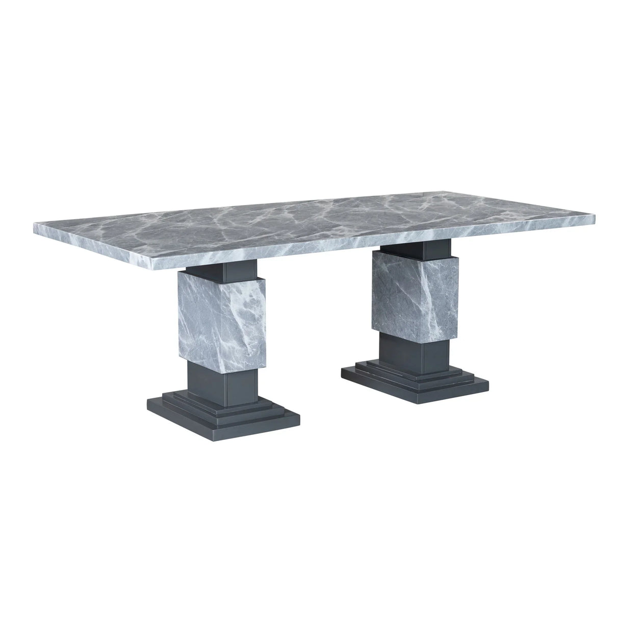 Michelle - Dining Table With Double Pedestal Marble Detailing - Gray - Furniture Home Direct