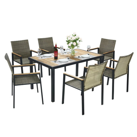 All Weather 7 Piece Patio Dining Table Set With Umbrella Hole - Brown / Gray - Furniture Home Direct