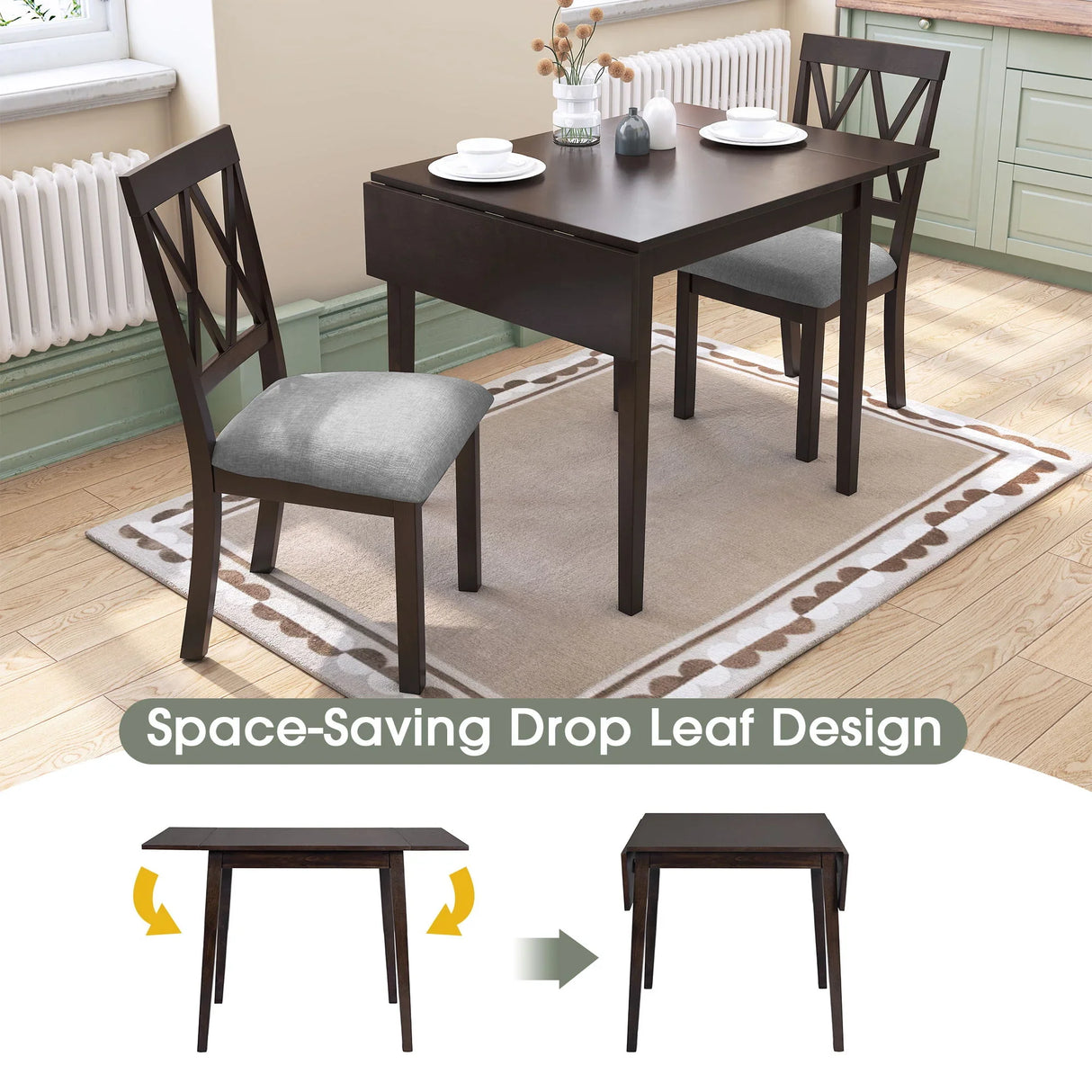 3 Piece Kitchen Dining Set With Drop Leaf Dining Table And 2 Dining Upholstered Chairs, Dining Room Set For Small Places - Furniture Home Direct